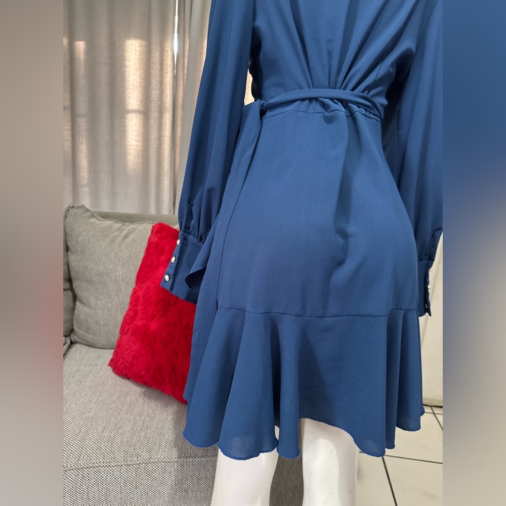 Blue Long-Sleeve Wrap Ruffle Dress - Picture 3 of 7